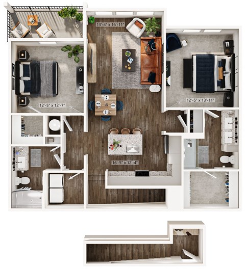 Floor plan for 2 beds, 2 baths, 1261 sqft